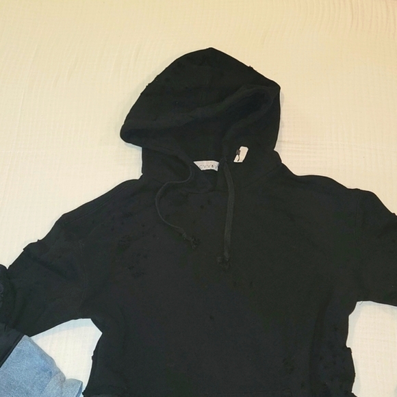 CAARA Distressed Denim and Black Sweatshirt with Zipper Accents - Picture 2 of 9